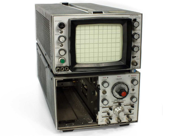 HP 180A Oscilloscope front view with 1821A Time Base and Delay Generator plug-in installed below — both units stacked