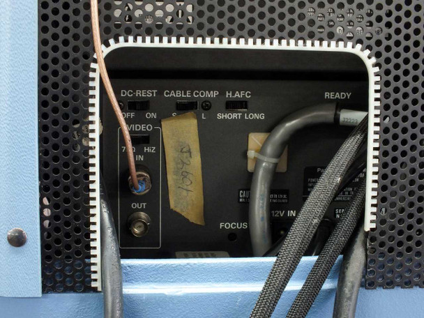 Hughes 2500 Die Bonder rear CRT monitor adjustment panel showing DC-Rest, Cable Comp, H.AFC, Video, Focus, and 12V IN connections