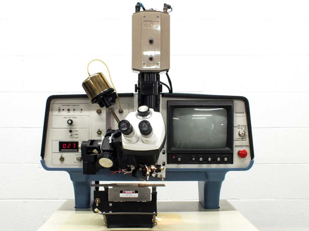 Hughes 2460 Wire Bonder – full front panel view showing Bausch & Lomb microscope, control panel, Panasonic WV-5350 monitor, and bonding head assembly