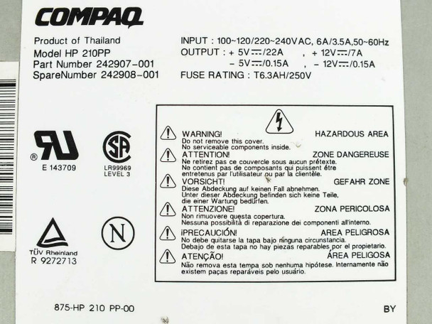Compaq HP 210PP 242908-001 label showing input 100-240V 6A/3.5A 50-60Hz, output ratings, fuse rating T6.3AH/250V, part number 242908-001, spares number 242907-001, and TÜV/UL/CSA certifications