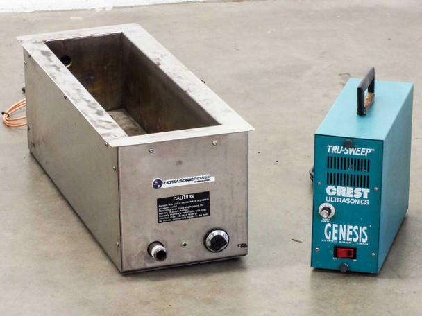 Crest Genesis 4G-500-6 ultrasonic generator beside Ultrasonic Power 50-26-235 heated stainless tank — front view showing both units