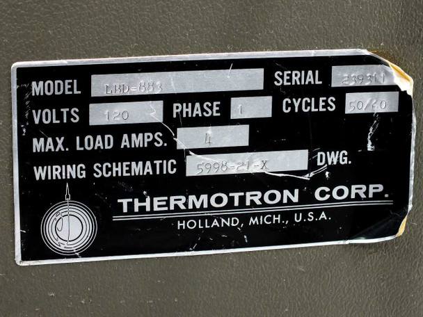 Thermotron Corp rating plate showing Model LBD-883, 120V, Phase 1, 50/60 cycles, Max Load Amps 4, wiring schematic 5998-21-X, Holland Michigan USA