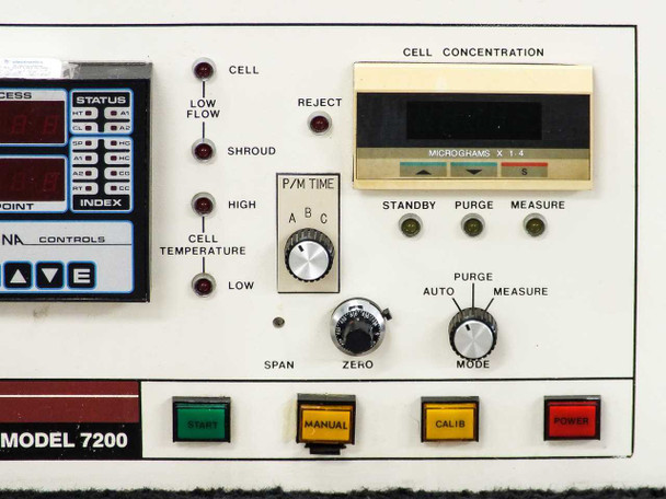 Web Technology NID System Model 7200 right front panel close-up — Cell Concentration display in micrograms x 1/4, P/M Time selector, Span/Zero/Mode controls, Start/Manual/Calib/Power buttons
