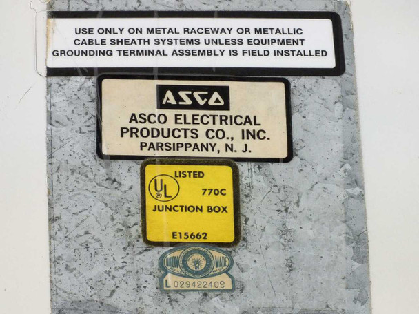 ASCO Electrical Products Co. junction box nameplate showing UL Listed 770C rating and E15662 file number