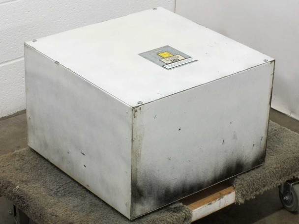 Ajax 3T90272 transformer in ASCO junction box – angled front-left view showing soiling and conduit knockouts