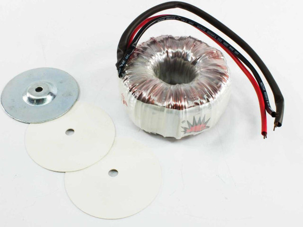Ulveco 23235B toroidal transformer shown with flat mounting gasket and domed mounting washer laid out on white background
