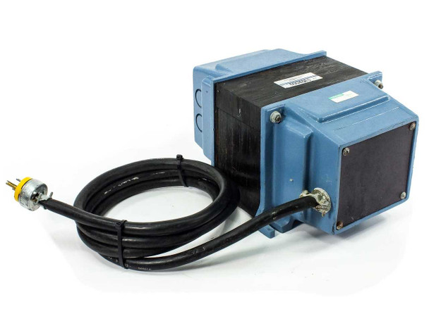 TSI 1302009 T.S.I. Company power conditioner transformer showing left-side profile with mounting ears and full length of attached power cord
