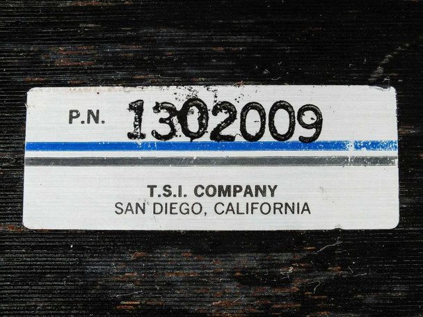 Close-up of TSI Company label reading P.N. 1302009, T.S.I. Company, San Diego, California