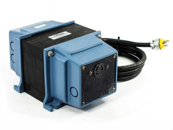 TSI 1302009 power conditioner transformer in blue enclosure with attached black power cord and NEMA plug — right-side angle view showing outlet port on face