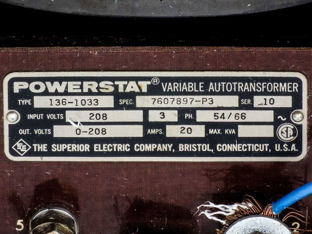 Superior Electric Powerstat nameplate — Type 136-1033, Spec 7607897-P3, Input 208V 3-Phase 54/66 Hz, Output 0–208V 20A