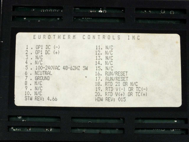 Eurotherm 847 wiring diagram label showing terminal pin assignments 1-20, power supply 100-240VAC 48-62Hz 5W, STW Rev 4.66, HDW Rev 015