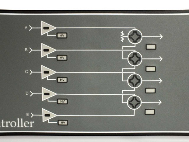 XTC-140D front panel amplifier path diagram showing five amplifier paths A through E with HV indicators and waveguide switch symbols