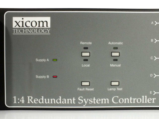 XTC-140D front panel detail showing Remote, Local, Automatic, Manual, Fault Reset, and Lamp Test pushbuttons with Supply A and B indicators