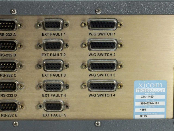 XTC-140D rear panel right section showing RS-232 A through E, EXT FAULT 1 through 5, and W/G SWITCH 1 through 4 DB15 connectors with second Xicom label