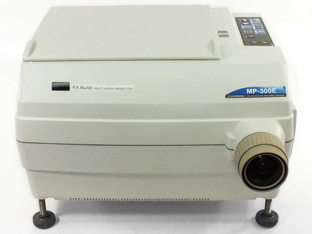 Avio MP-300E Multimedia Projector — front view with lid closed showing brand badge and lens assembly