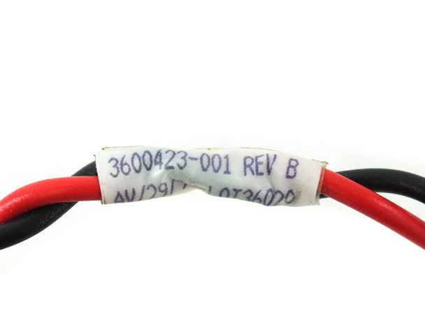 Wire harness label showing 3600423-001 Rev B with date code on red and black battery wires