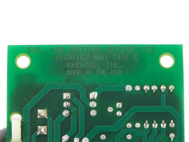 Kronos PCB silkscreen label showing SYS. 400 BATTERY BACKUP PCB, part number 6500167-001 Rev G, Kronos Inc., Made in the USA