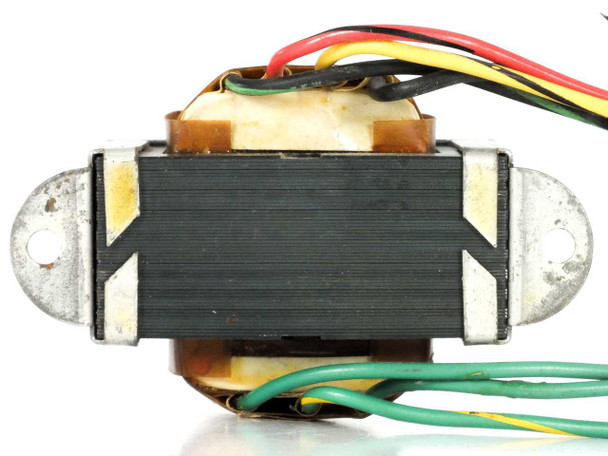 NuArc VE813 filament transformer bottom/core view showing laminated steel E-I core and mounting tabs