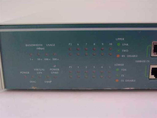 Network Peripherals NP-SET-210 — front panel close-up showing bandwidth and usage LED indicators, SNMP, VLAN, and per-port status LEDs