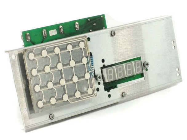 NuArc FT26V3UP-5KM platemaker control board — front view showing membrane keypad and 4-digit 7-segment LED display on aluminum mounting bracket