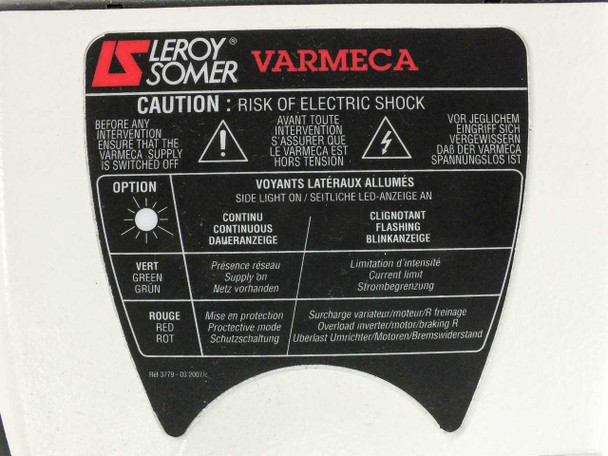 Leroy Somer Varmeca frequency converter caution label showing LED indicator status guide and multilingual caution warnings