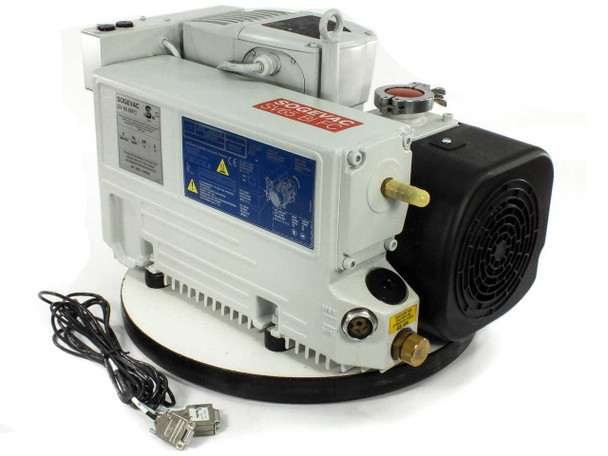 Leybold SOGEVAC SV65 BI FC vacuum pump front-left view showing blue rating label, exhaust port, power cable, and DB9 connector