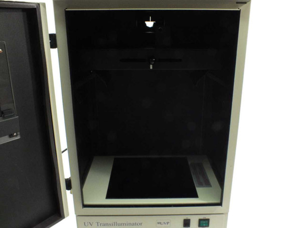 UVP MultiDoc-It interior view with darkroom door open showing M-20 transilluminator surface, white overhead light, and darkroom chamber