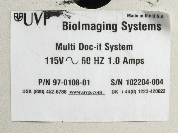 UVP BioImaging Systems rating label showing Multi Doc-It System P/N 97-0108-01, 115V 60Hz 1.0A, Made in USA