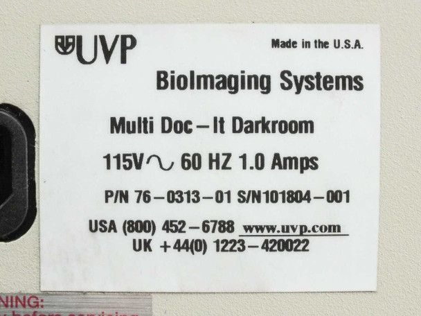 UVP BioImaging Systems Multi Doc-It Darkroom label showing P/N 76-0313-01, 115V 60Hz 1.0A