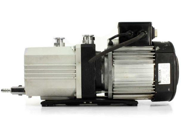 Leybold Trivac D2.5E side profile view showing full pump and motor assembly with aluminum cooling fins and mounting base