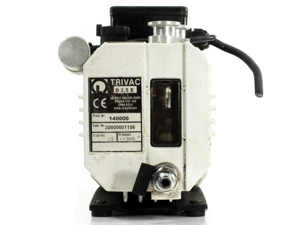 Leybold Trivac D2.5E front panel label showing Prod. Nr. 140000, Fabr. Nr. 30000001156, pumping speed 2.5 m³/h, ultimate pressure ≤ 0.02 mbar, and CE mark