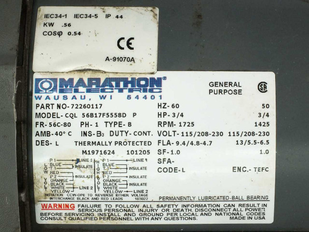 Marathon Electric motor nameplate closeup showing model CQL 56B17F5558D P, part 72260117, 3/4 HP, 1725/1425 RPM, 115/208-230V, single phase, TEFC enclosure, thermally protected