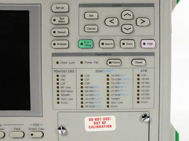 Anritsu MP1570A front panel right-side closeup showing Alarm/Error section with Clock Loss, Power Fail, History, Reset buttons and DO NOT USE OUT OF CALIBRATION warning label