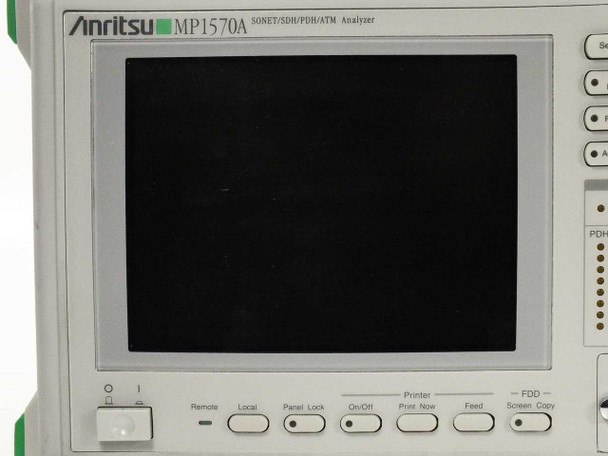 Anritsu MP1570A front panel closeup showing Start/Stop, Analyze, Result, Set Up controls and PDH/SDH/ATM LED alarm matrix