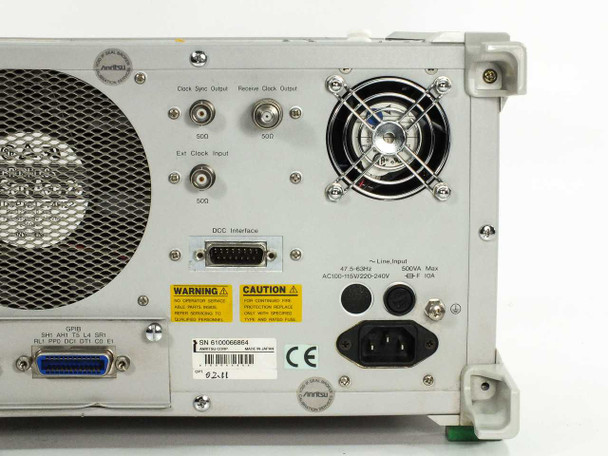 Anritsu MP1570A rear panel angled closeup showing Clock Sync Output, Receive Clock Output, Ext Clock Input BNC ports, DCC Interface, GPIB, RS-232C, and power inlet