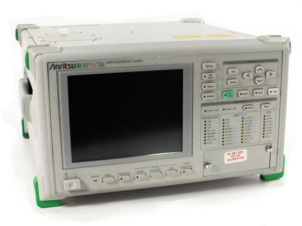 Anritsu MP1570A SONET SDH PDH ATM Analyzer front panel view showing color LCD display and alarm indicator panel — unit off