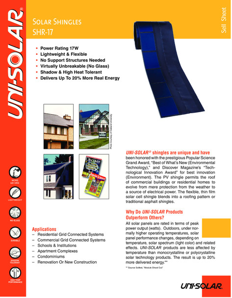 Uni-Solar SHR-17 sell sheet showing 17W power rating, flexible and lightweight features, application examples on residential rooftops, and product highlights