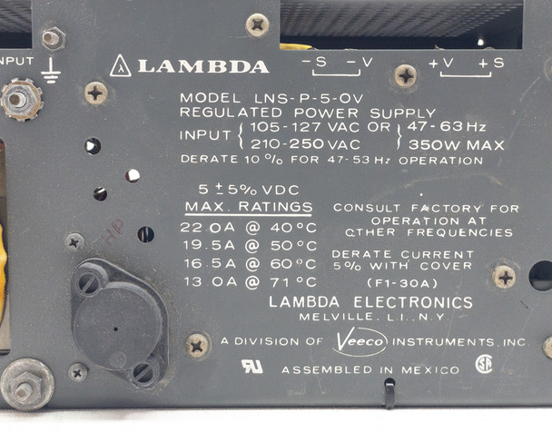 Lambda LNS-P-5-OV rating plate close-up — 5V ±5% VDC output, 350W max, 105-127V or 210-250VAC input, 47-63Hz, current derating table