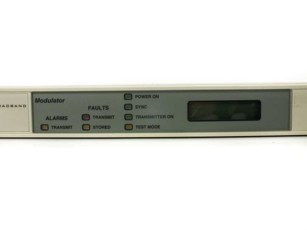 Adaptive Broadband SDM-2020 satellite modulator – front panel indicator section close-up showing Power On, Sync, Transmitter On, Test Mode status LEDs and LCD display