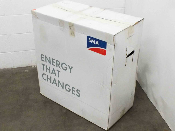 SMA STP20000TL-US-10 Sunny Tripower inverter original shipping box — right side view showing SMA branding and warranty registration card label