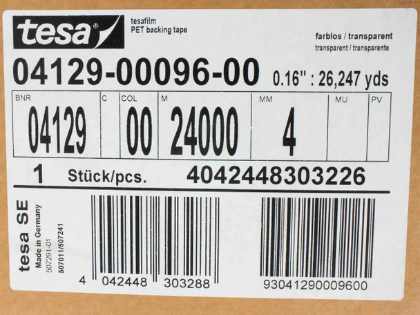 Tesa 4129 box label showing part number 04129-00096-00, dimensions 0.16 inch / 26,247 yards, GTIN 4042448303226, Made in Germany by tesa SE