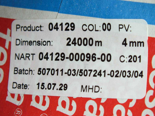 Close-up of roll label showing product 04129, NART 04129-00096-00, dimension 24000m x 4mm, batch 507011-03/507241-02/03/04, date 15.07.29
