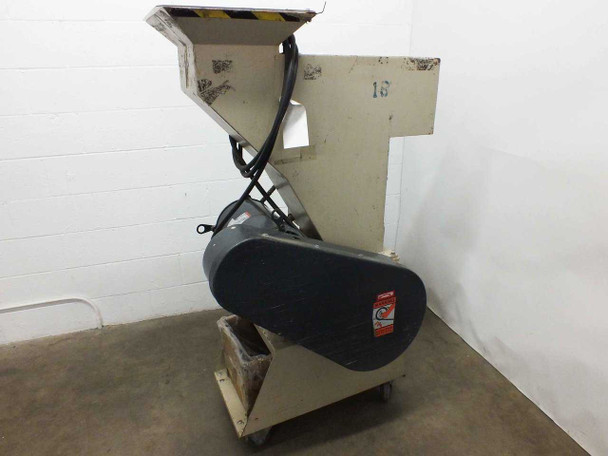 Ball & Jewell BP18 granulator — right side view showing large black belt guard and motor housing with top feed hopper