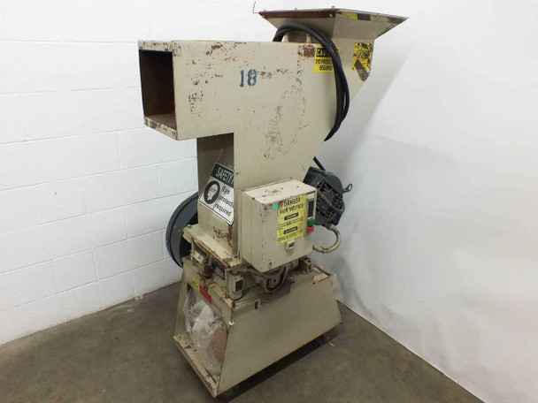 Ball & Jewell BP18 Shred-Buster plastic granulator — front-left 3/4 view showing top hopper, side feed port, control panel, and belt drive housing