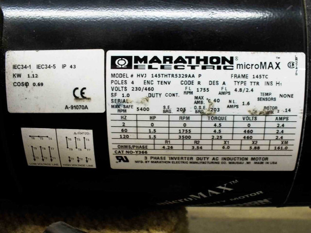 Marathon Electric microMAX motor nameplate – HVJ 145THTR5329AA P, 230/460V, 4.8/2.4A, Frame 145TC, 3-phase inverter duty
