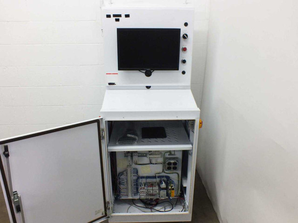 SCE SCE-66ST2626WS control cabinet interior view with lower door open showing DIN rail wiring, contactors, and upper touchscreen shelf with keyboard