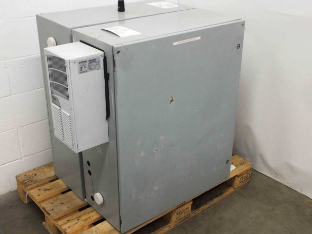 Young 26800 Meteorological Translator 2-cabinet array exterior front view with McLean T150116G120 enclosure air conditioner visible on left side