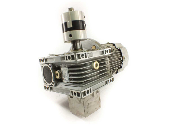 W-Gear NMRV indexing drive assembly – rear-right view showing full gearbox housing, mounting feet, and motor attachment