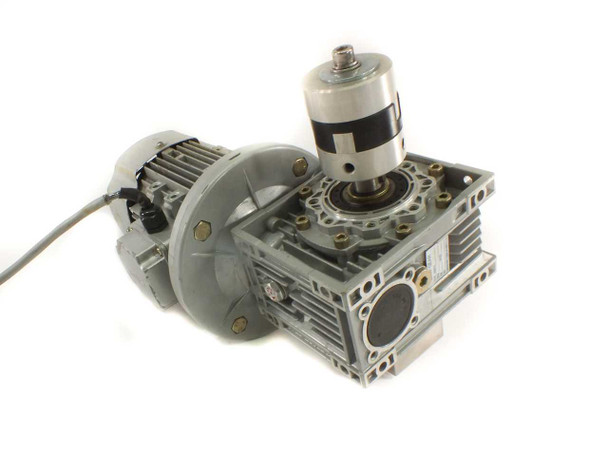W-Gear NMRV worm gearbox with Hons YS-802-4 motor assembly – front-left isometric view showing AC motor, gearbox housing, and output flange