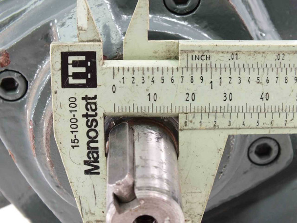 Indexing drive 0.75-inch shaft measured with Manostat caliper – closeup showing shaft diameter verification